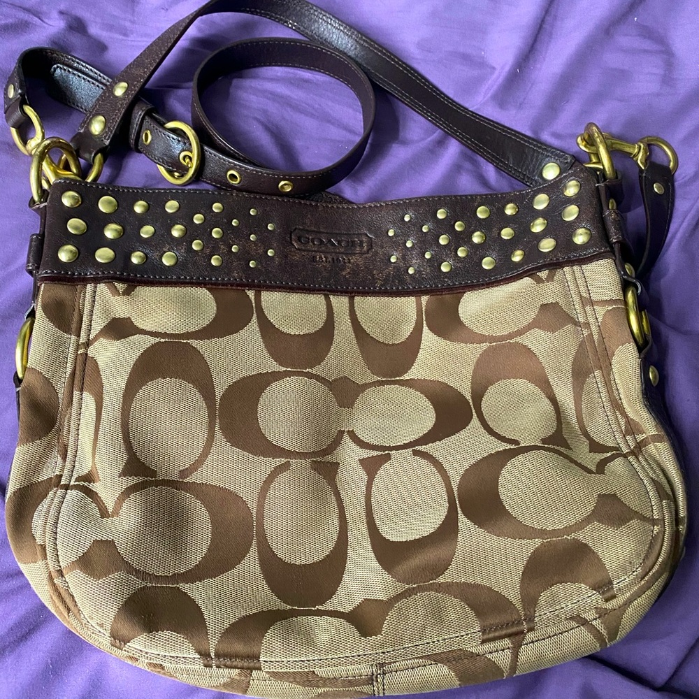 COACH Zoe Signature Hobo Bag Jacquard Khaki & brown Leather Purse